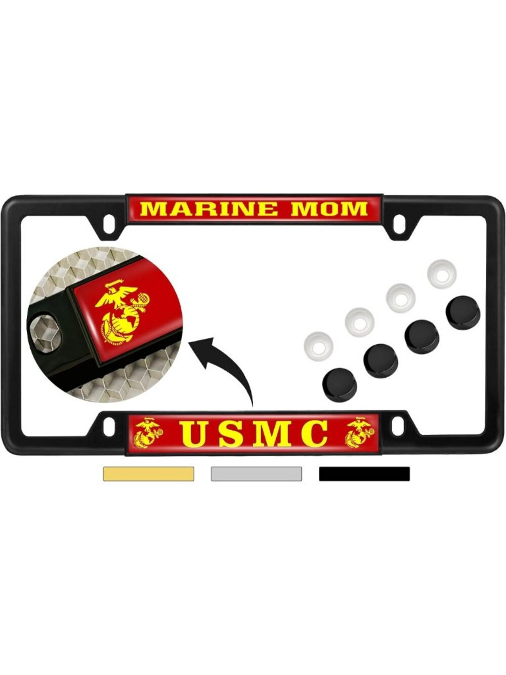 Marine Mom License Plate Frame - Black Metal, EGA Design, 4 Hole, Car Accessory